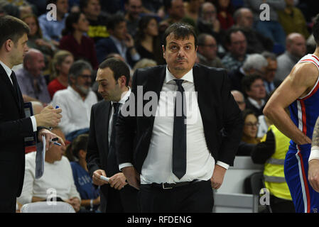 Madrid, Spagna. 24 gen 2019. Ergin Ataman, allenatore di Anadolu Efes è visto durante il 2018/2019 Turkish Airlines Eurolega Regular Season rotondo 20 gioco tra Real Madrid e Anadolu Efes WiZink al centro di Madrid. Real Madrid (Spagna) battere Anadolu Efes(Turchia) 92-84. Credito: Jorge Sanz/Pacific Press/Alamy Live News Foto Stock