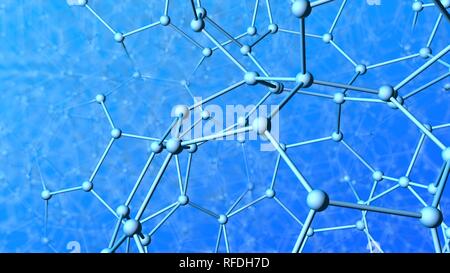 Struttura molto complessa formata da tubi e sfere come molecole con profondità di campo su sfondo blu. 3D illustrazione Foto Stock
