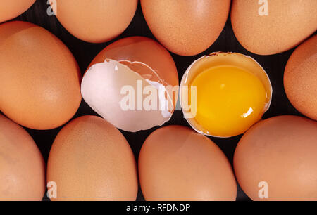 Rotto e il pollo intero uova, alimenti sfondo Foto Stock