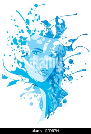 Ragazza triste con capelli blu. Illustrazione Vettoriale su sfondo astratto. Stampa per T-shirt Illustrazione Vettoriale