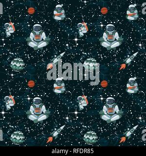 Spazio di fumetti con stelle, funny astronauti e astronavi modello senza giunture Illustrazione Vettoriale