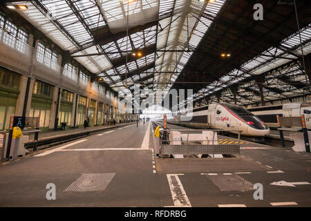 Francia, Parigi Gare de Lyon, Gennaio 2019: i treni ad alta velocità parcheggiato presso la stazione ferroviaria. Foto Stock