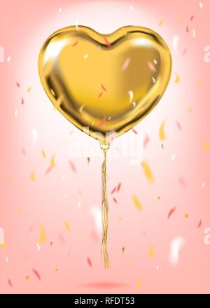 Di lamina di oro forma di cuore palloncino coriandoli sullo sfondo rosa. Modello per la celebrazione di compleanno, partito e ogni vacanza eventi Illustrazione Vettoriale