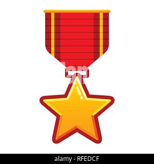 Stella d'oro medaglia con nastro rosso per il vincitore del Campionato illustrazione vettoriale in appartamento in stile cartone animato Illustrazione Vettoriale