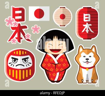 Set di Giappone cultura consistono di Kimono Girl, Akita cucciolo, Maneki Neko, Lampion e Sakura Illustrazione Vettore piatta Illustrazione Vettoriale