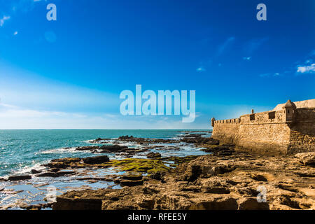 Coperte di muschio Rocks off delle coste del Castillo de San Sebastian in Cadiz Foto Stock