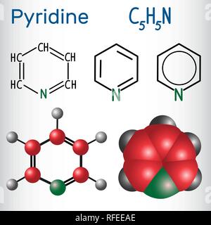 Molecola di piridina, è un composto organico eterociclico. Formula chimica di struttura e la molecola modello. Illustrazione Vettoriale Illustrazione Vettoriale