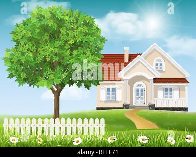 Casa su una collina e molla albero paesaggio di campagna. Erba e albero in primo piano. Illustrazione Vettoriale