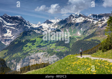 La Svizzera, Alpi Berner Oberland, la molla. Grindelwald, Kleine Scheidegg. Vista di Weisse Lutschine valley. Escursionista, donna. Foto Stock