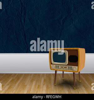3D rendering illustrazione dello stile retrò televisione radio in camera a vuoto con parquet e sfondo blu Foto Stock