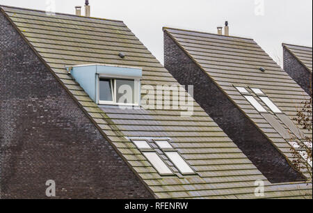 Tetto di un moderno olandese a forma di triangolo casa, nuova architettura progettata, abbaini con tetto in cotto, case in un piccolo villaggio del Netherlan Foto Stock