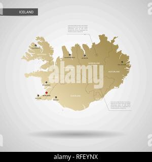 Vettore stilizzati Islanda mappa. Una infografica 3d oro illustrazione mappa con le città, le frontiere, il capitale e le divisioni amministrative e il puntatore di marchi, ombra; Illustrazione Vettoriale