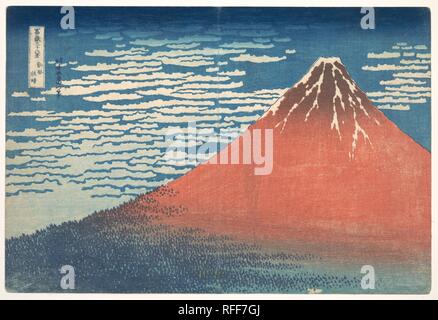 South Wind, cielo chiaro (Gaifu kaisei), noto anche come Fuji rosso, dalla serie trentasei vedute del Monte Fuji (Fugaku sanjurokkei). Artista: Katsushika Hokusai (giapponese, Tokyo (EDO) 1760-1849 Tokyo (EDO). Cultura: il Giappone. Dimensioni: Oban 10 x 14 7/8 in. (25,4 x 37,8 cm). Data: ca. 1830-32. Il monte Fuji è detto di avere una tinta rossastra all'alba all'inizio dell'autunno. Conosciuto come 'Fuji rosso", questa stampa presenta Hokusai di visione senza compromessi del Monte Fuji senza una presenza umana. Le maestose cime innevate del Monte Fuji incarna un iconico di spiritualità che si avvicina a quella religiosa. Gli alberi sono ridotti a minuscoli tria Foto Stock