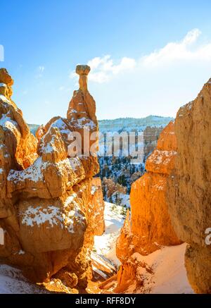 Bizzarre formazioni rocciose, paesaggio roccioso con Hoodoos con la neve in inverno, Queens Garden Trail, Parco Nazionale di Bryce Canyon, Utah Foto Stock