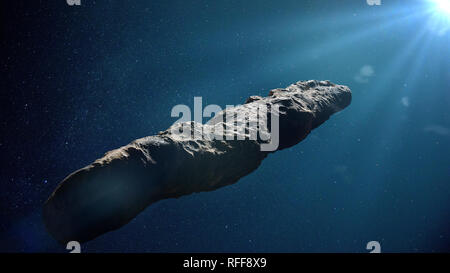 Oumuamua comet, oggetto interstellare passando attraverso il sistema solare, di forma insolita asteroide (spazio 3D rendering). Foto Stock