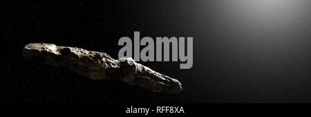 Oumuamua comet, oggetto interstellare passando attraverso il sistema solare, di forma insolita asteroide (3d rendering spazio banner) Foto Stock
