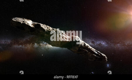 Oumuamua è attiva una cometa, oggetto interstellare passando attraverso il sistema solare, di forma insolita asteroide (spazio 3D illustrazione, gli elementi di questo ho Foto Stock