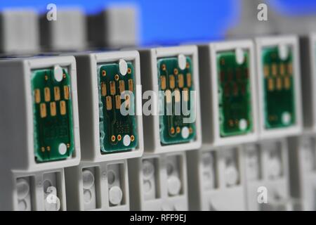 Stampante a getto di inchiostro delle cartucce della stampante uno per ciascun colore. Microchip sulla cartuccia. Fotografia della stampante a getto di inchiostro Epson Foto Stock