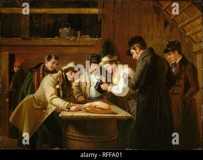 La Lotteria (Raffling per l'oca). Artista: William Sidney Mount (American, Setauket, New York 1807-1868 Setauket, New York). Dimensioni: 17 x 23 1/8 in. (43,2 x 58,7 cm). Data: 1837. America di maggior successo del pittore scene narrativa, il monte ha scelto come suoi sudditi vari aspetti della vita rurale la piatta isola lungo il paesaggio intorno a Stony Brook, New York, dove ha vissuto. Egli è riuscito a trascendere il manifesto il contenuto della sua foto per affrontare le realtà politiche e sociali del tempo. 'La lotteria (Raffling per l'oca),' che mostra una improvvisata lotteria, è stato il Monte di buon umore allusio Foto Stock