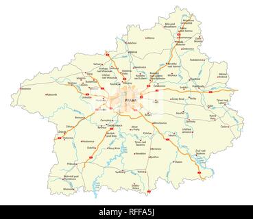 Mappa stradale della regione ceca Stredocesky kraj (Boemia centrale) Illustrazione Vettoriale