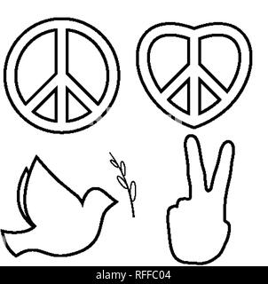 Delineate hippie segno di pace. Linea di set di icone Illustrazione Vettoriale