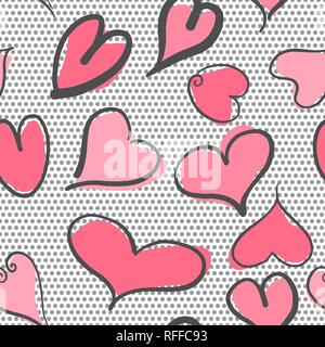 Abstract seamless pattern con cuori e pois sfondo. Cuori di San Valentino con la mano disegnare. Illustrazione Vettoriale Illustrazione Vettoriale
