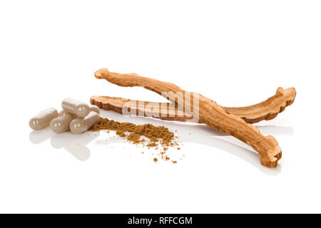 Fungo Reishi polvere e capsule di gel isolato su sfondo bianco. Foto Stock