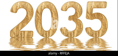 Iscrizione 2035, riflessa sulla superficie dell'acqua, isolato su bianco, 3D render Foto Stock