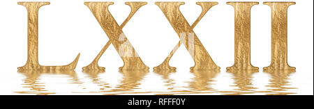 Numero romano LXXII, duo et septuaginta, 72, settanta due, che si riflette sulla superficie dell'acqua, isolato su bianco, 3D render Foto Stock