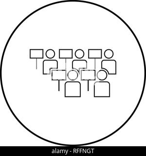 Concetto di protesta dimostrazione folla di manifestanti persone idea di rivoluzione sociale icona problema colore nero vettore di contorno sono di tipo piatto semplice Illustrazione Vettoriale