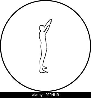 Uomo con braccia alzate sportivo alzando le mani vista laterale icona colore nero vettore di contorno sono di tipo piatto semplice immagine in cerchio intorno Illustrazione Vettoriale