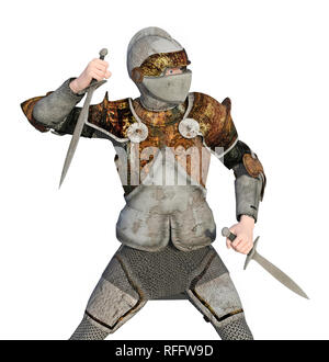 Illustrazione del guerriero con antica armor con due grandi pugnali. Azione e combattimenti pongono Foto Stock