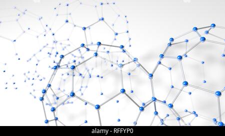 Struttura complessa formata da tubi e sfere blu come molecole formanti gli esagoni con profondità di campo su sfondo bianco. 3D illustrazione Foto Stock