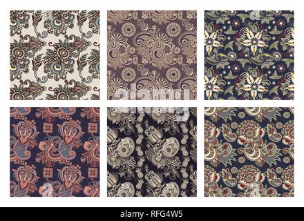 Set di disegno a mano senza giunture ornati di fiori design paisley Illustrazione Vettoriale