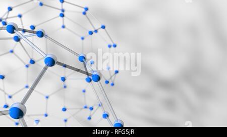 Struttura complessa formata da tubi e sfere blu come molecole formanti gli esagoni con profondità di campo su sfondo bianco. 3D illustrazione Foto Stock