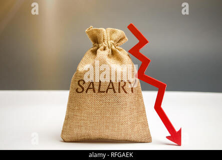 Sacco di denaro con la parola stipendio e la freccia verso il basso per abbassare lo stipendio, sui tassi salariali. retrocessione, carriera declino. abbassamento del tenore di vita. tagli salariali. decr Foto Stock