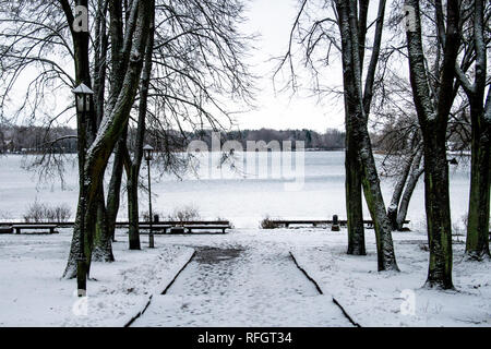 Splendido parco con vecchie lampade, panchine e lago con la neve in inverno Foto Stock