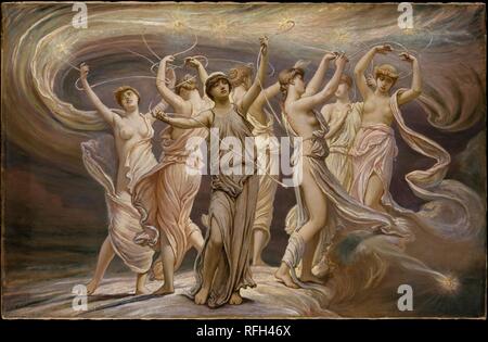 Le Pleiadi. Artista: Elihu Vedder (American, New York 1836-1923 Roma). Dimensioni: 24 1/8 x 37 5/8 in. (61,3 x 95,6 cm). Data: 1885. Secondo la mitologia greca, le Pleiadi erano le sette figlie di Atlante e della ninfa Pleione. Vedder ha utilizzato le Pleiadi come suo soggetto per la prima illustrazione nel "Rubaiyat di Omar Khayyam". Le sette figure femminili rappresentano l'Oroscopo dell'astronomo-poeta, Omar Khayyam. Le due influenze di Giove e delle Pleiadi, collegata mediante il piacere della vite sono simboleggiati dal thread che si intrecciano a loro. La figura centrale, la cui filettatura è brok Foto Stock