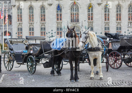 Cavallo e trappole in Markt Square, Bruges usata per prendere i turisti in un tour della città di Bruges, Belgio Foto Stock