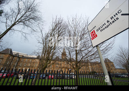 Glasgow, Scotland, Regno Unito. Il 25 gennaio 2019. Varie scene che mostrano differenti viste da intorno il Queen Elizabeth University Hospital. Ci sono stati 2 morti dei pazienti ha riportato di recente e che si ritiene siano legate alle infezioni contratte attraverso la pollina piccione. Credito: Colin Fisher/Alamy Live News Foto Stock