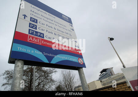 Glasgow, Scotland, Regno Unito. Il 25 gennaio 2019. Varie scene che mostrano differenti viste da intorno il Queen Elizabeth University Hospital. Ci sono stati 2 morti dei pazienti ha riportato di recente e che si ritiene siano legate alle infezioni contratte attraverso la pollina piccione. Credito: Colin Fisher/Alamy Live News Foto Stock