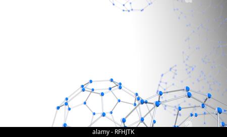 Struttura complessa formata da tubi e sfere blu come molecole formanti gli esagoni con profondità di campo su sfondo bianco. 3D illustrazione Foto Stock