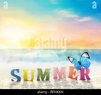 Summer Beach. Parola estate di lettere di colore sulla spiaggia di estate e butterfly su uno sfondo di oceano. Foto Stock