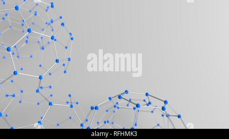 Struttura complessa formata da tubi e sfere blu come molecole formanti gli esagoni con profondità di campo su sfondo bianco. 3D illustrazione Foto Stock