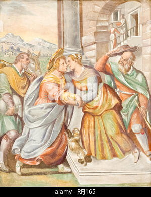 L affresco della Visitazione della Vergine Maria ad Elisabetta nella chiesa salesiana "Santa Maria delle Grazie - Santa Maria della Grazia. Foto Stock