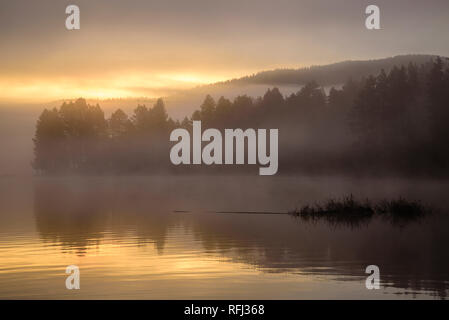 Sunrise nebbia sul lago a gru serbatoio della prateria, Deschutes National Forest, Central Oregon. Foto Stock