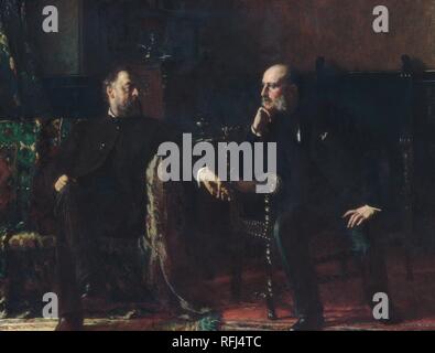 Il finanziamento di Bill. Artista: Eastman Johnson (American, Lovell, Maine 1824-1906 New York). Dimensioni: 60 1/2 x 78 1/4 in. (153,7 x 198,8 cm). Data: 1881. Nel 1881, i banchieri e gli imprenditori sono profondamente allarmato per un progetto di legge nel Congresso circa il rimborso del debito nazionale. L'uomo a sinistra sul divano è Robert W. Rutherford, una relativa dal matrimonio del pittore e attento ascoltatore accanto a lui è l'artista, Samuel W. Rowse. Quando questi cittadini responsabili stavano discutendo il disegno di legge in Johnson il proprio salotto, vide nel loro aspetto e atteggiamenti il soggetto di una foto e fatto un Foto Stock