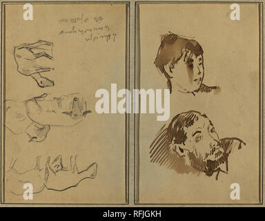 Cinque pecore; testa di donna e la testa di un uomo barbuto [recto]. Data: 1884-1888. Dimensioni: complessivo: 16,9 x 22,6 cm (6 5/8 x 8 7/8 in.). Medium: Penna e inchiostro bruno e grafite su carta intessuta. Museo: National Gallery of Art di Washington DC. Autore: Paul Gauguin. Foto Stock