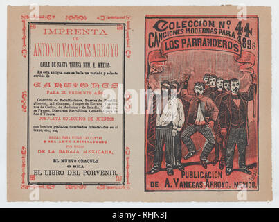 Coperchio per 'Canciones Modernas para 1898: Los Parranderos', un gruppo di uomini che tengono un banner e il canto. Artista: José Guadalupe Posada (Messicano, 1851-1913). Dimensioni: foglio: 5 13/16 × 7 7/8 in. (14,8 × 20 cm). Editore: Antonio Vanegas Arroyo (1850-1917, Messicana). Data: ca. 1898. Museo: Metropolitan Museum of Art di New York, Stati Uniti d'America. Foto Stock