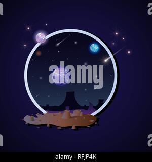 Vector realistica e spazio futuristico backgroundin telaio. Cartoon fantasy paesaggio dello spazio. Pianeta alieno sfondo. Vettore illustrazione cosmico. 10 eps Illustrazione Vettoriale